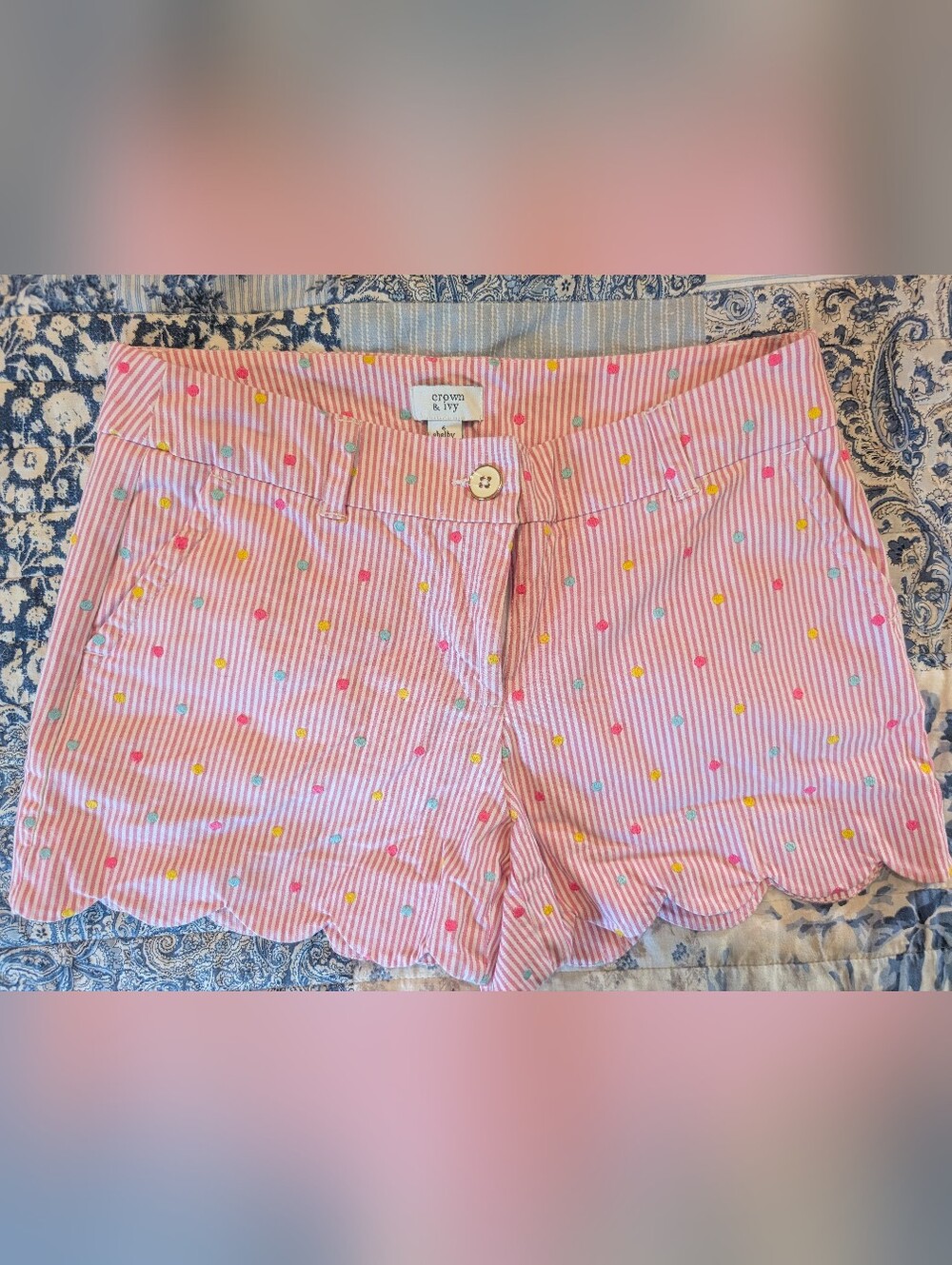 Crown & Ivy Pink Stripe Scallop Shorts with Embroidered Dots | Size 6